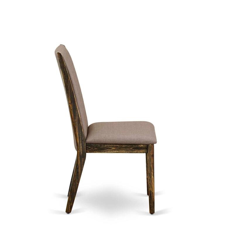 East West Furniture Dining Set- a Round Dining Table and Dark Khaki Linen Fabric Chairs, Distressed Jacobean (Pieces Option)