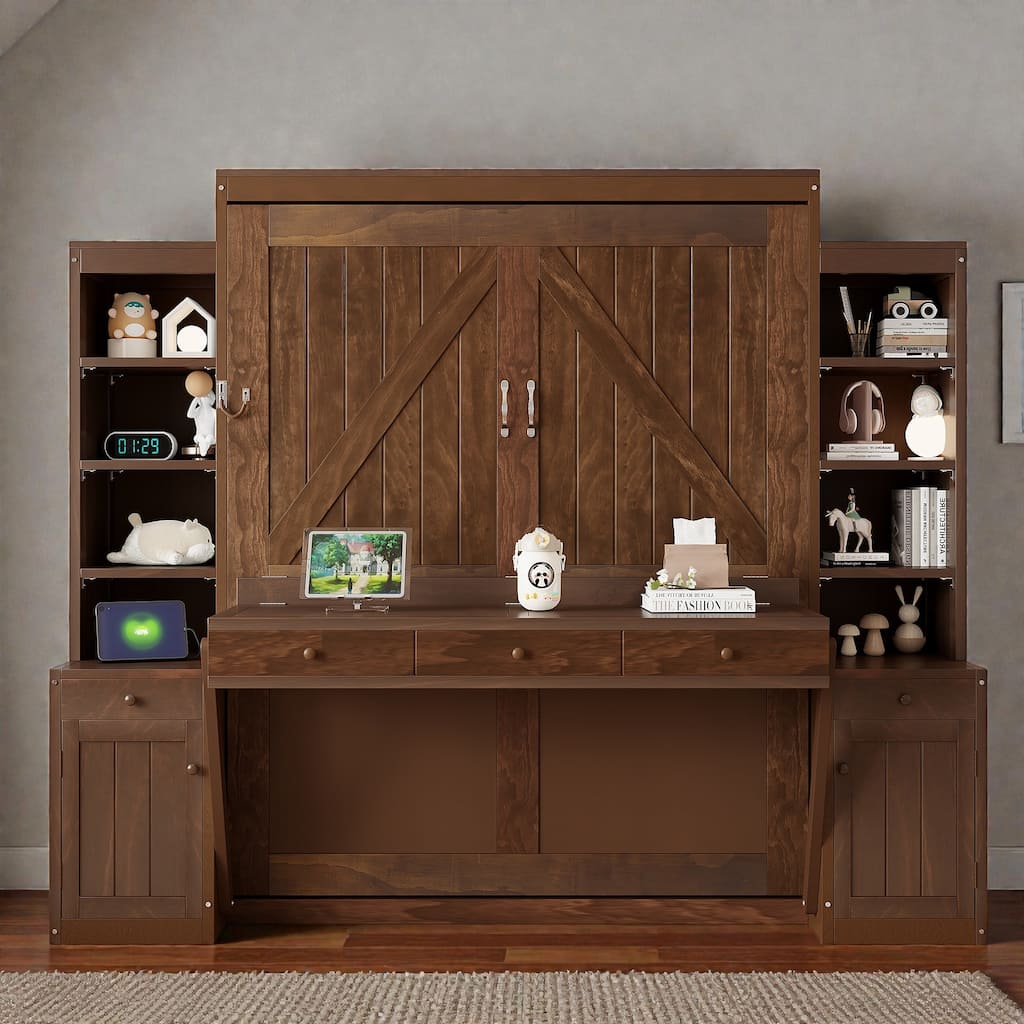 Queen Size Murphy Bed with Desk and Storage, Wood Wall Bed with Cabinets and Drawers