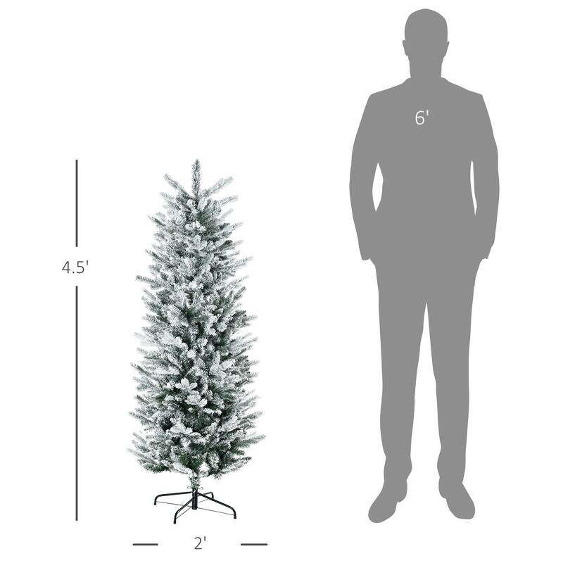 4.5 ft Green Snow Flocked Pencil Artificial Christmas Tree Indoor Slim Space Saving Design with 267 Tips and Sturdy Base
