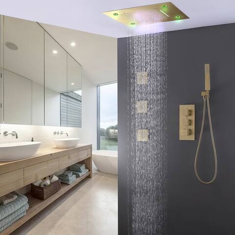 Ceiling LED 4-Way 3-Jet Complete Rain and Waterfall Shower System With Rough-in Valve