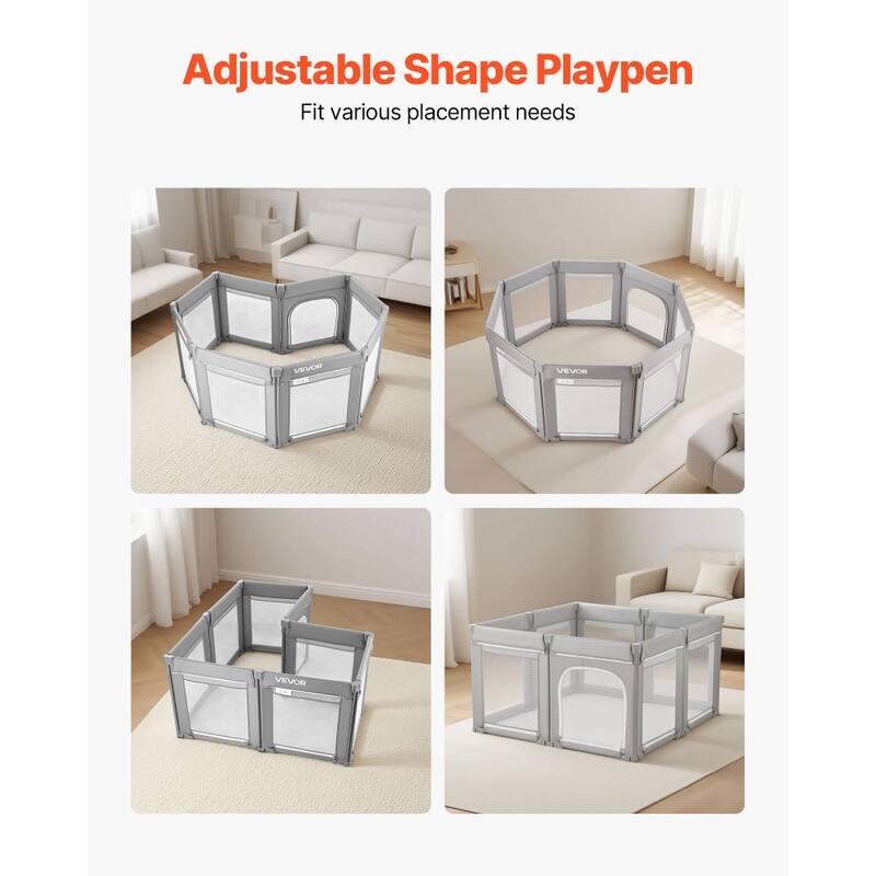 Portable Grey Baby Playpen with Breathable Mesh and Iron Tubes Safe and Stable Toddler Fence - 81.5” x 72.83” x 27.36”