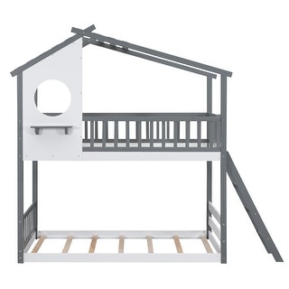Wood Twin Bunk Bed with Roof, Ladder, and Window Feature