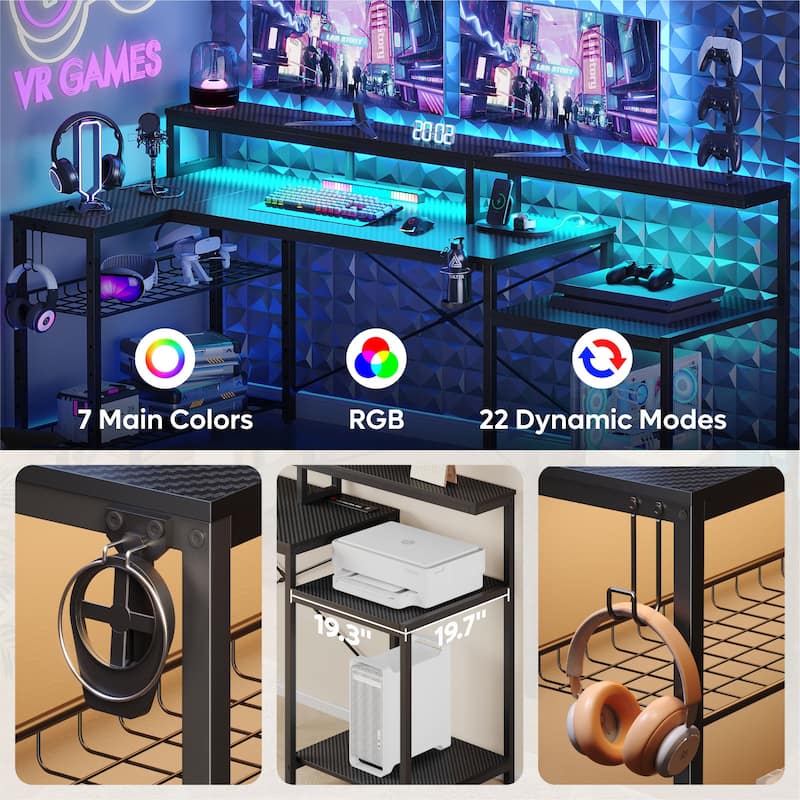 Bestier 71.5“” Computer Desk with Power Outlets, L Shaped LED Home Office Desk with Long Monitor Stand and Cup Holder & Hooks