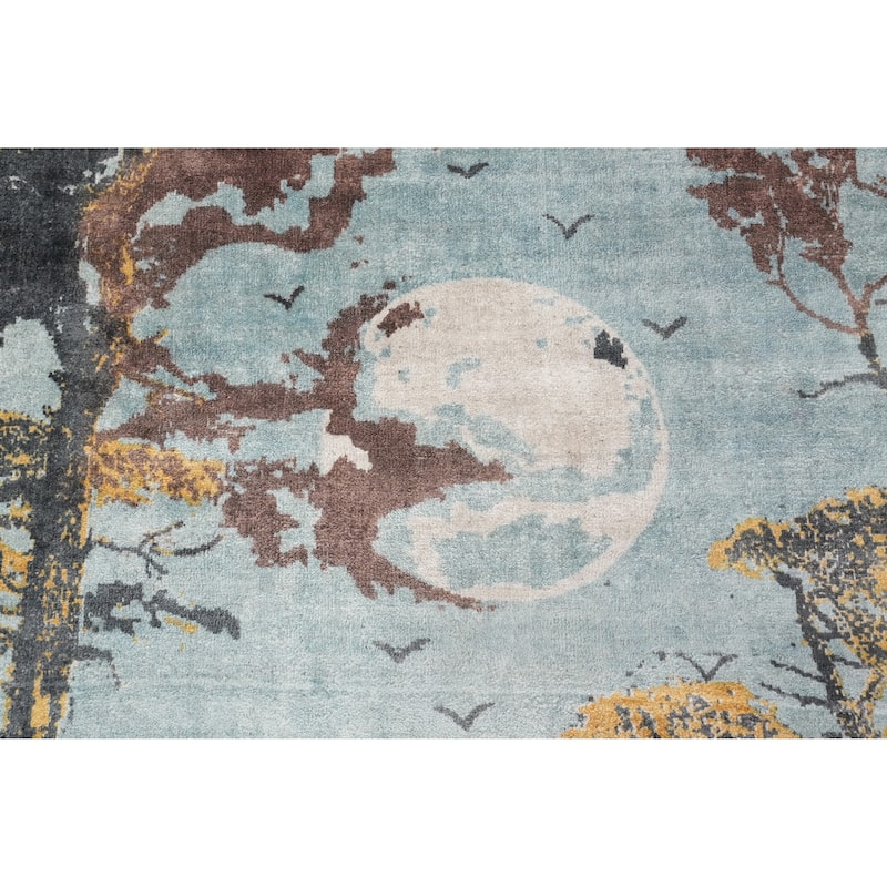 Hand Knotted Oriental Viscose Silk Carpet Modern Pictorial Multi-Colored Abstract Area Rug - 7' 8'' X 5' 7''