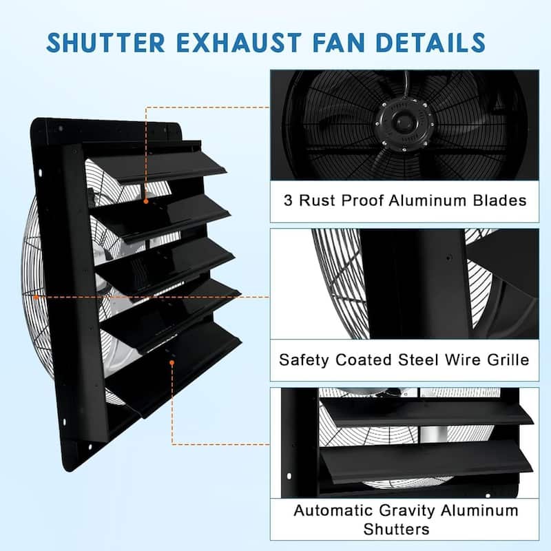 Wall Mounted Automatic Shutter Exhaust Fan, Low Noise for Attic, Garage, Greenhouses