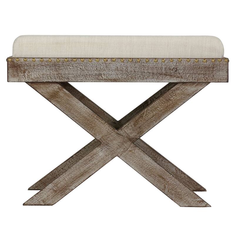 Cortesi Home Lupin Distressed Wood Tray Top Ottoman with Beige Fabric Top