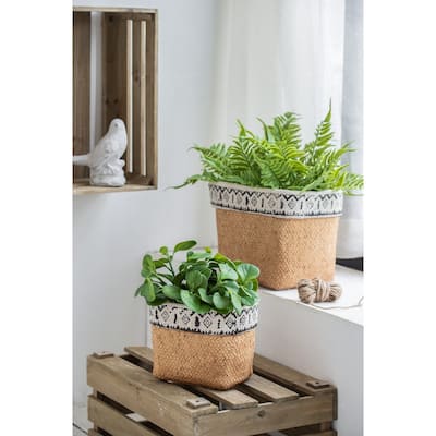 Set of 2 Rectangular Basket Planters with Geometric Trim, L:10.5x8.5x8" S:7.5x5.5x6.5"