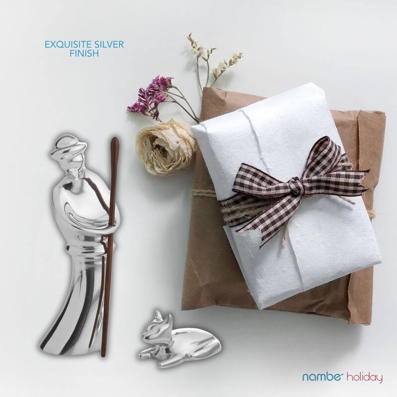 Nambe Miniature Nativity Figurines Shepherd and Lamb - Shepherd: 2” W x 4.5” H Lamb: 2” L x 1” H