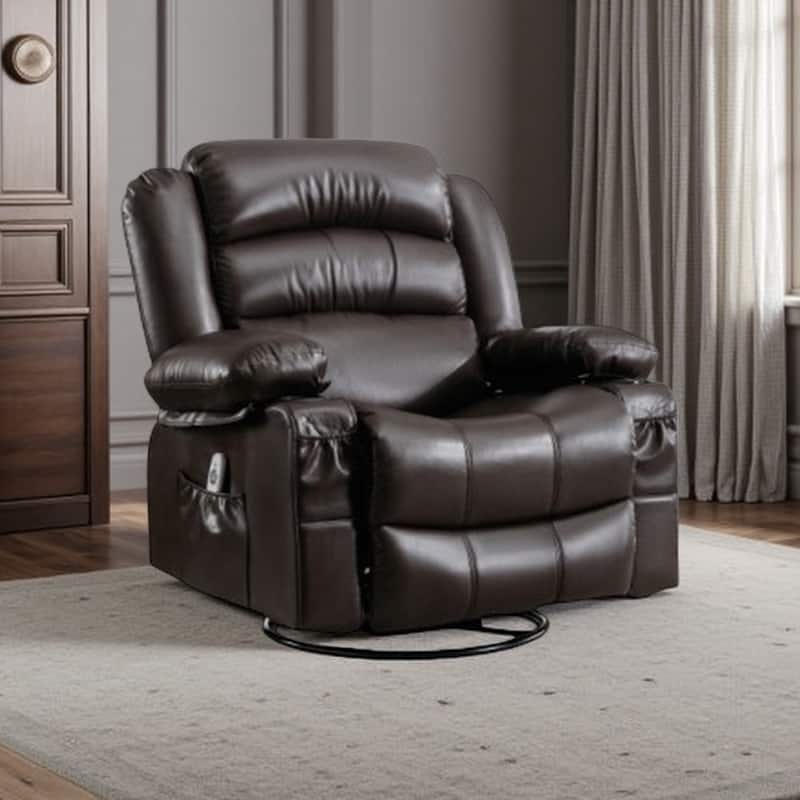 PU Leather Massage Rocker Recliner with 360° Swivel, Heated 8-Point Vibration, USB Charging, Cup Holders, and Storage Pockets