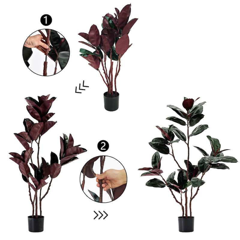 4 ft. Artificial Rubber Tree, Faux Green Plant with Bendable Branches in Black Cement-Filled Nursery Pot, Low Maintenance