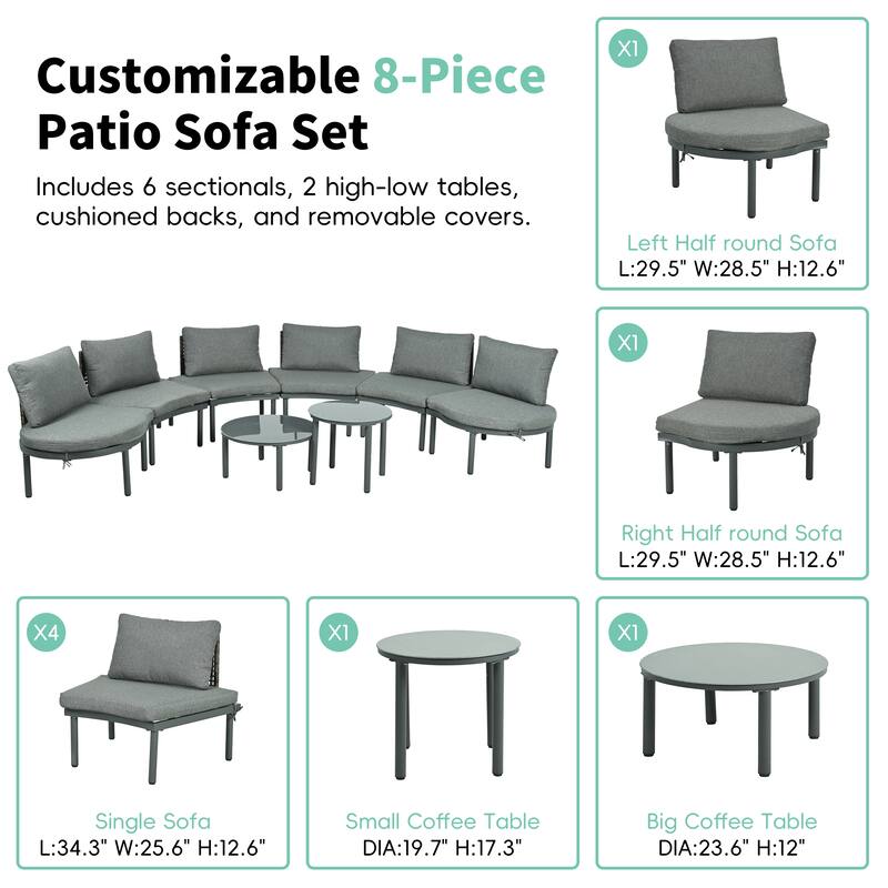 8-Piece Patio Half Moon Sofa Set with 2 High-Low Coffee Tables, 6 Pillows & Cushions