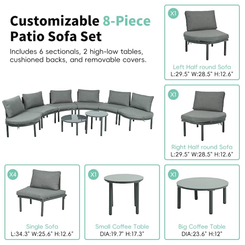 Roomfitters 6/8-Piece Half Moon Patio Sofa Set with 2 Coffee Tables, PE Wicker Rattan, Glass Top, Cushions & Pillows