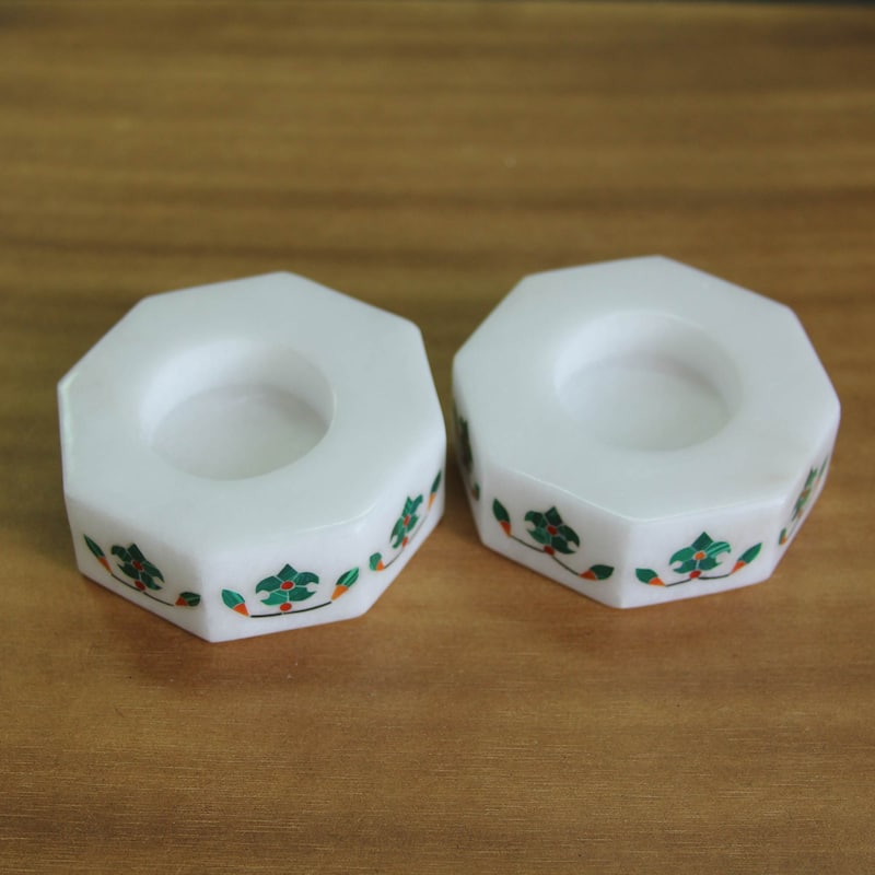 Novica Handmade Floral Alliance In Green Marble Tealight Holders (Pair)