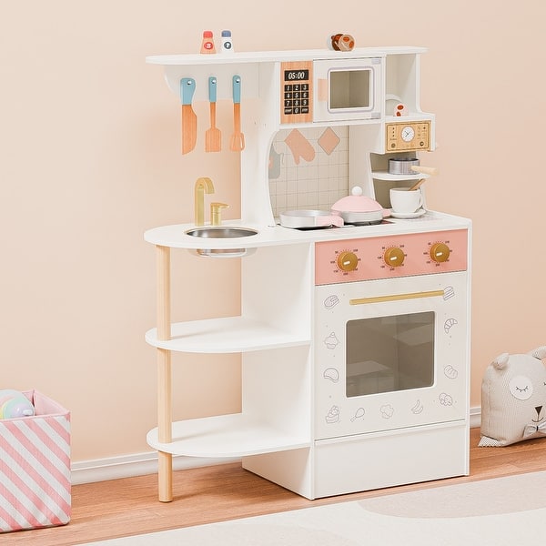 slide 2 of 7, Wooden Kitchen Playset with Sink, Oven, Microwave, and Coffee Machine Kitchens