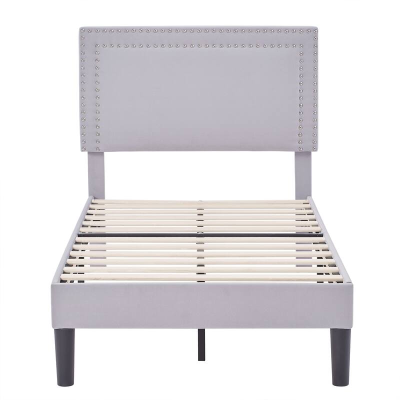 2 Pcs Upholstered Twin Size Platform Bed with Adjustable Headboard