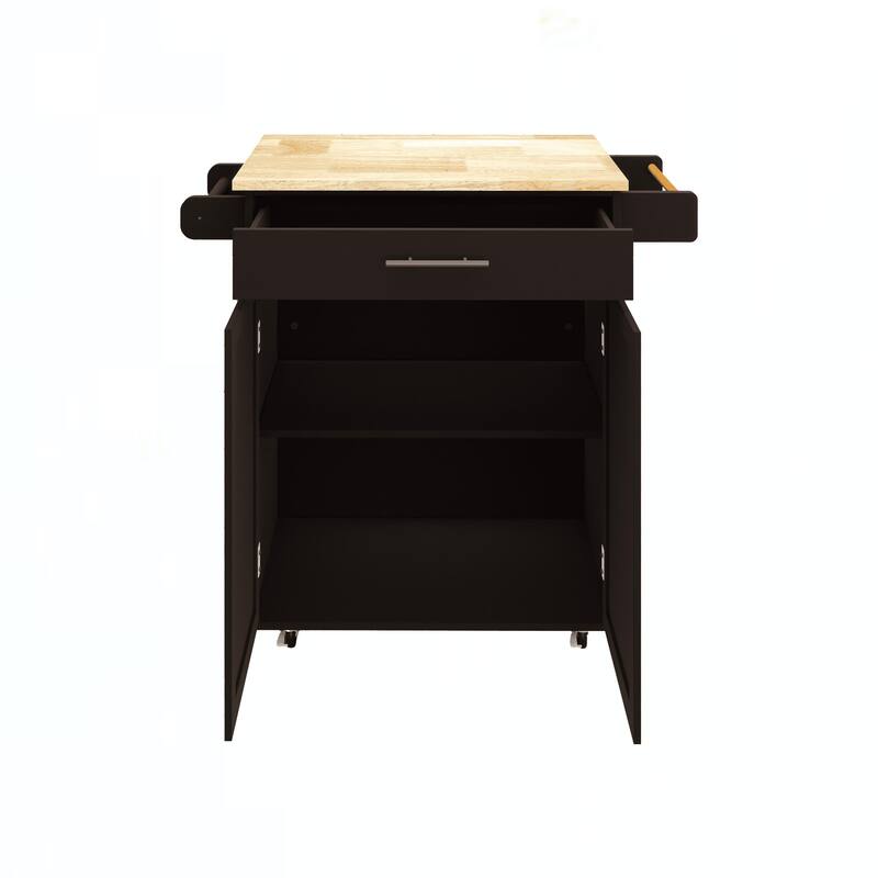Mobile Kitchen Cart with Rubber Wood Tabletop, Adjustable Storage, and Towel & Seasoning Racks