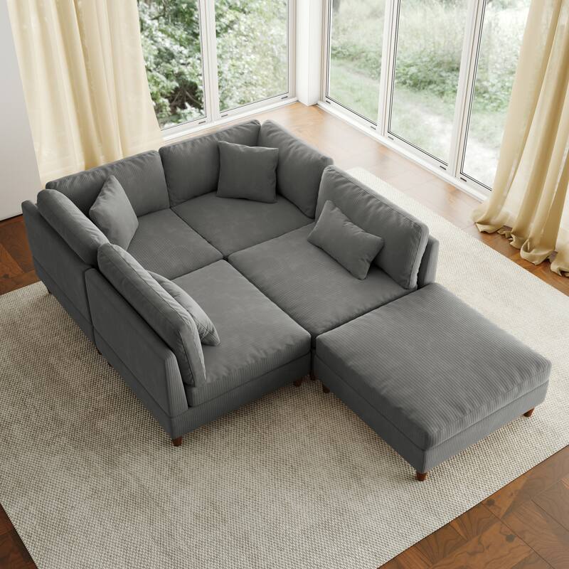 5-Piece Modern Comfy Corduroy Modular Sectional Sofa with Ottoman