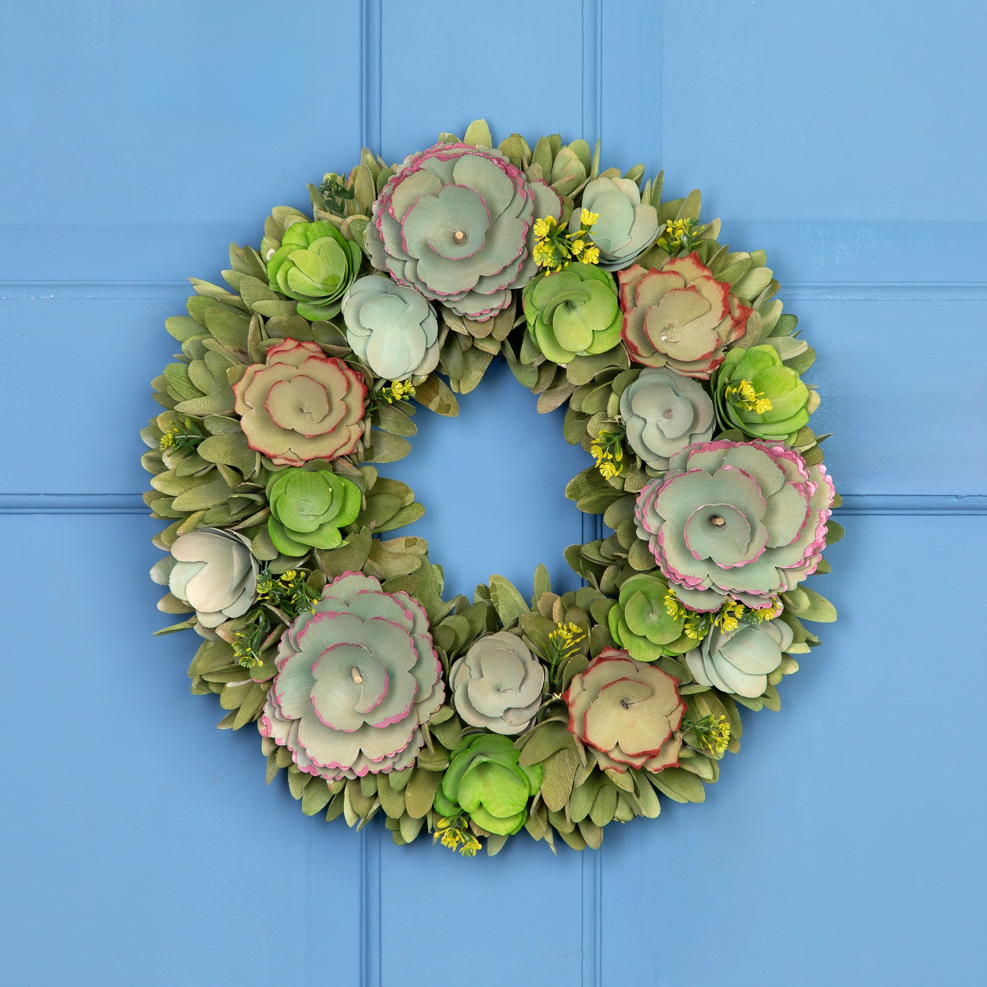 Wooden Mini Flowers Artificial Spring Wreath - 14"