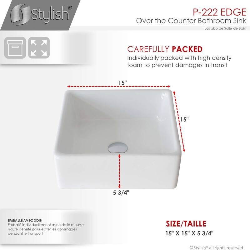 STYLISH Porcelain Square 15-inches Top Mounted Ceramic Vessel Bathroom Sink - 15" x 15" x 5.75"