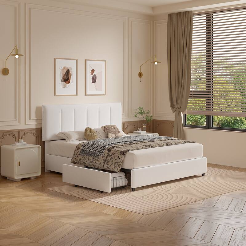 VECELO Bed Frame with 4 Storage Drawers, Upholstered Platform Bed Frame with Adjustable Headboard