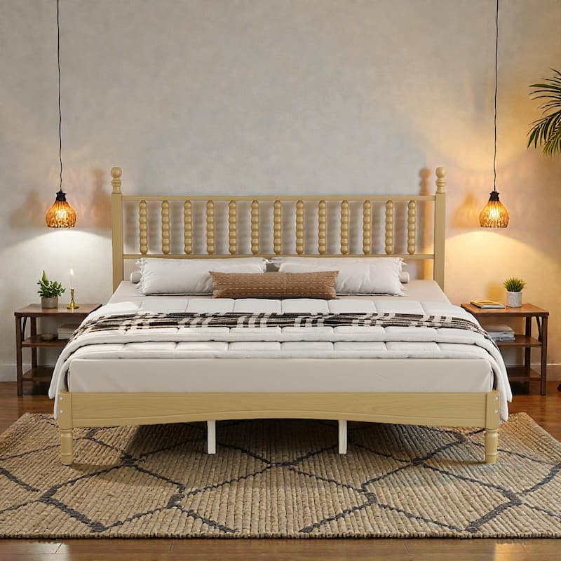 Retro Wood Platform Bed with Gourd Shaped Headboard, Wooden Slat Support, No Box Spring Needed