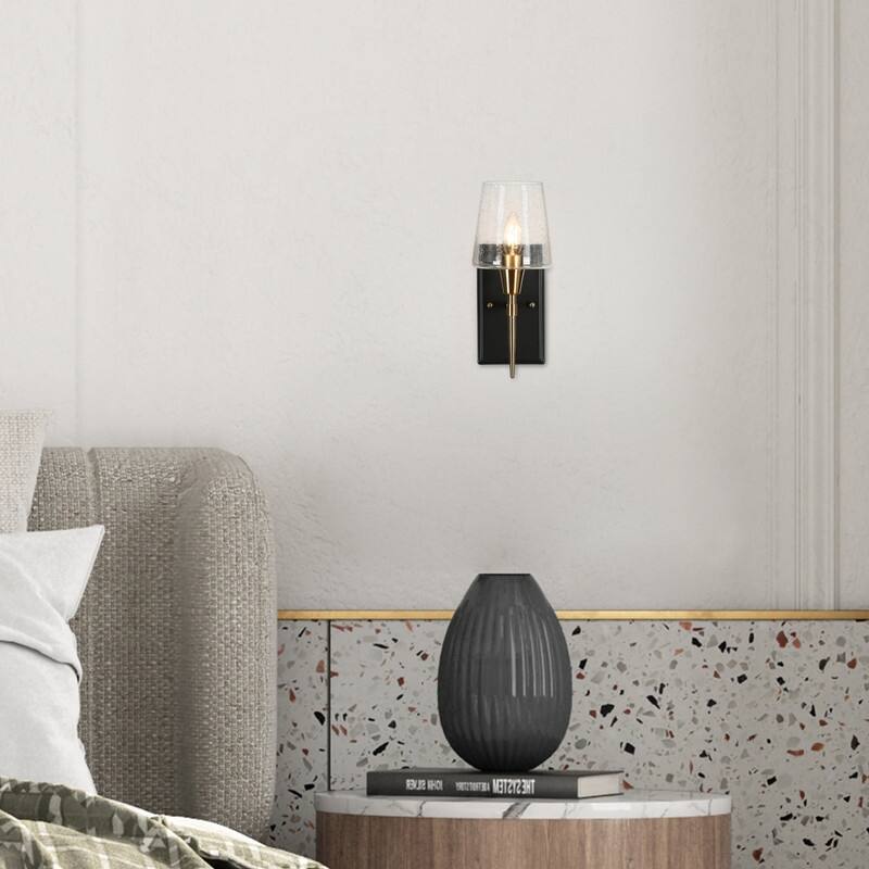 Kahlil Modern Black Gold 1-Light Seeded Glass Wall Sconces Bathroom Vanity Lights