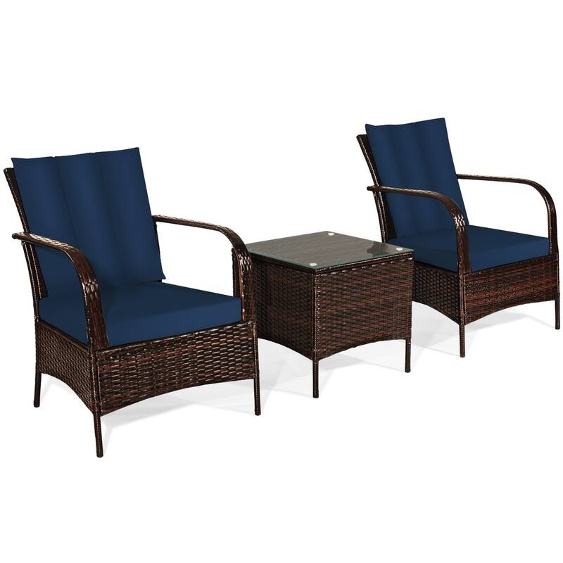 3 Pieces Patio Rattan Conversation Set with Glass Top Coffee Table and Cushions