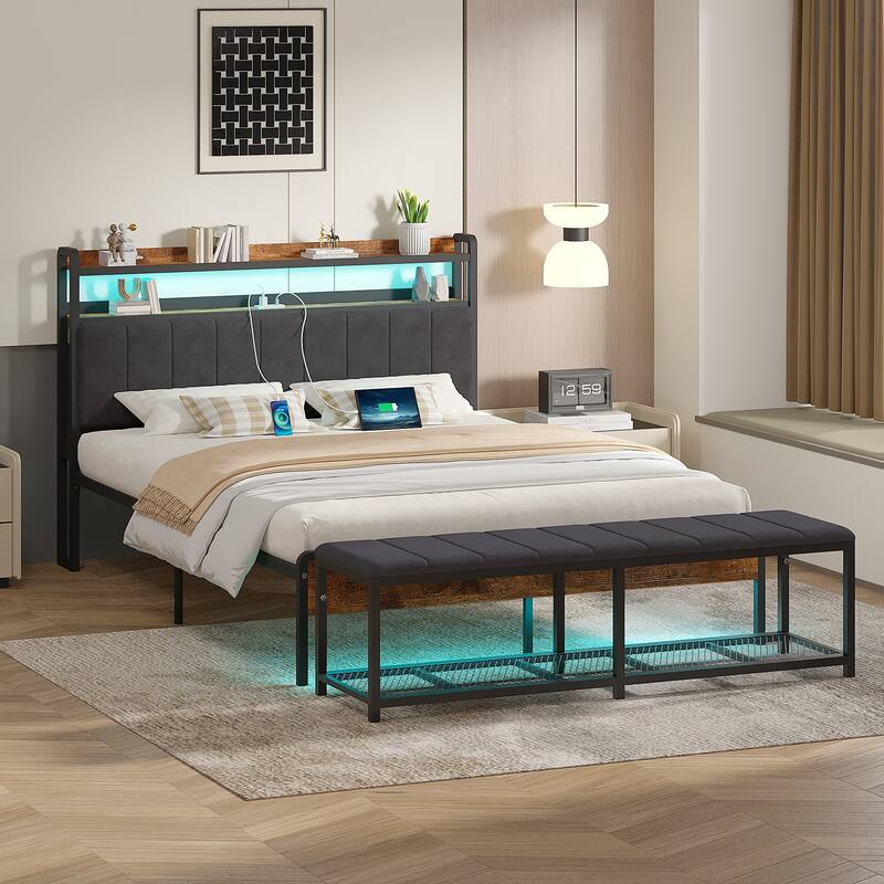 Javlergo Bed Frame with Bench, Bedframes with Charging Staions, Headboard and Storage Bench, LED Lights and Storage Shelves