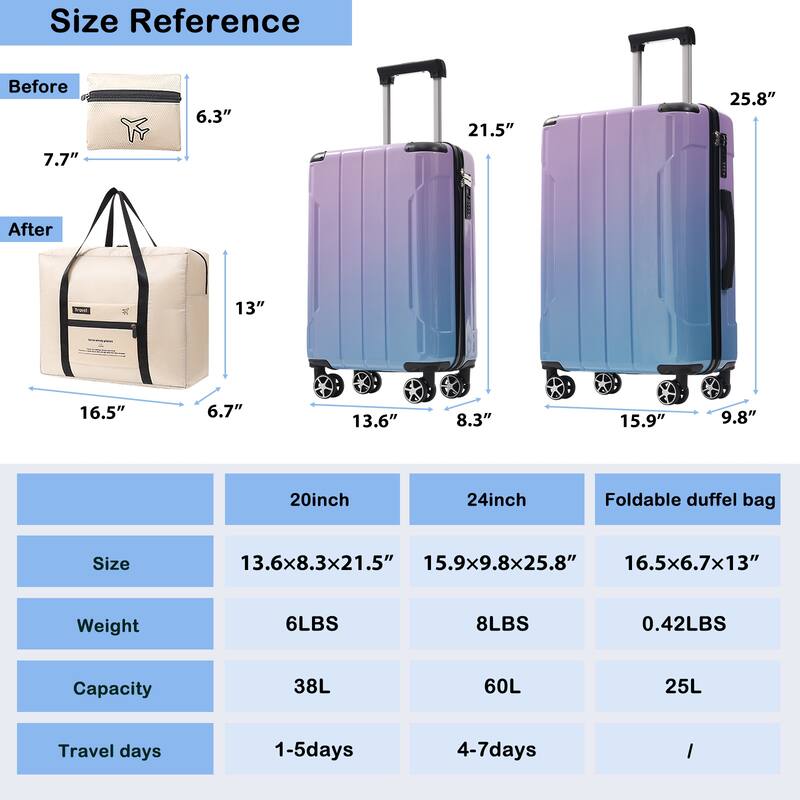 Luggage Set 3 Piece Glossy PC Suitcases with Spinner Wheels, Built-In TSA Lock and Foldable Duffel Bag, for Travel Men & Women