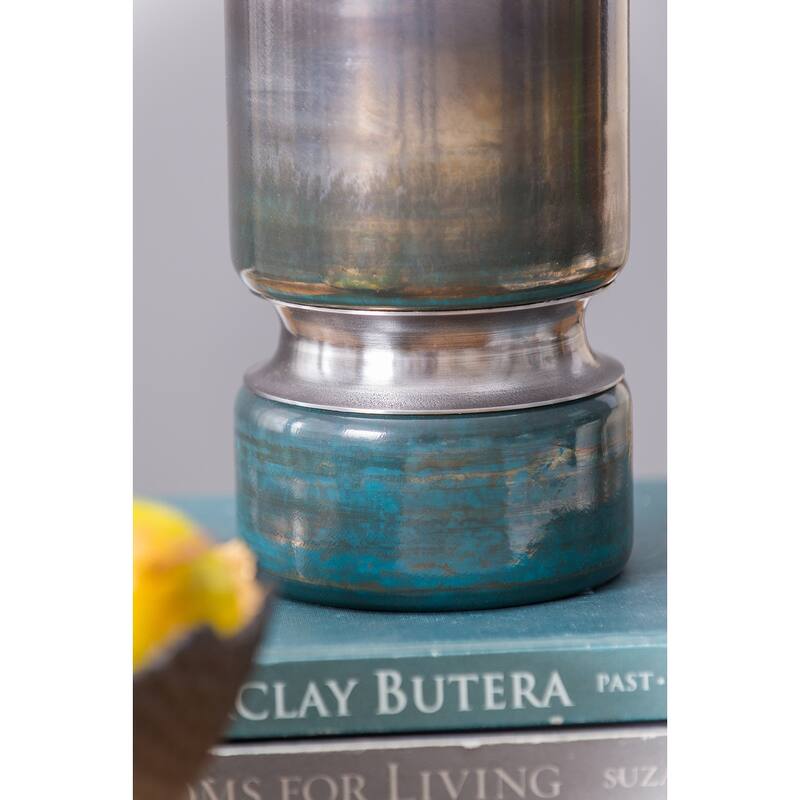 D5.1x13.2" Smokey Blue Glass Vase with Chrome Accent Modern Home Decor