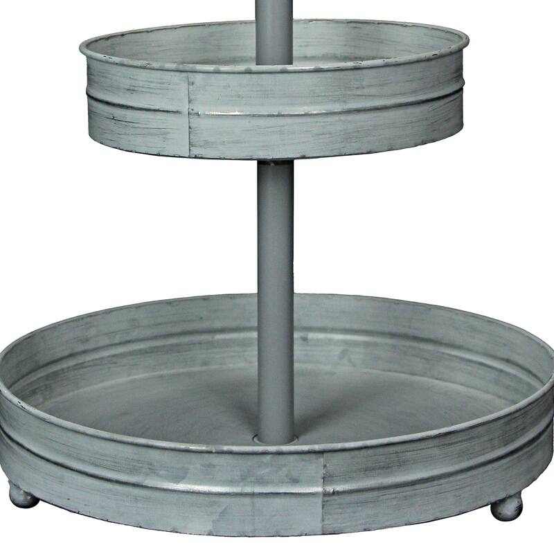Zeckos Washed White Metal Round Two Tier Farmhouse Serving Tray - 16 X 12 X 12 inches