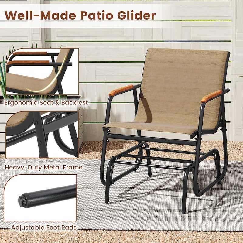 Gymax Patio Glider Chair Set of 2 w/ Curved Teak Armrests & Breathable