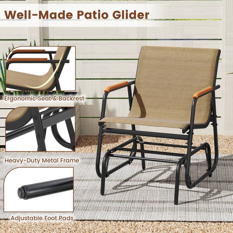 Set of 2 Black Metal Glider Chair with Teak Armrests and Breathable Seat Fabric - 29" L x 24" W x 33" H