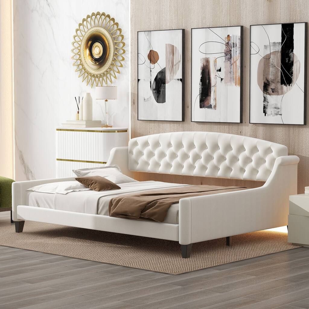 Roomfitters Full Size Upholstered Daybed, Modern Velvet Platform Bed with Curved Tufted Backrest