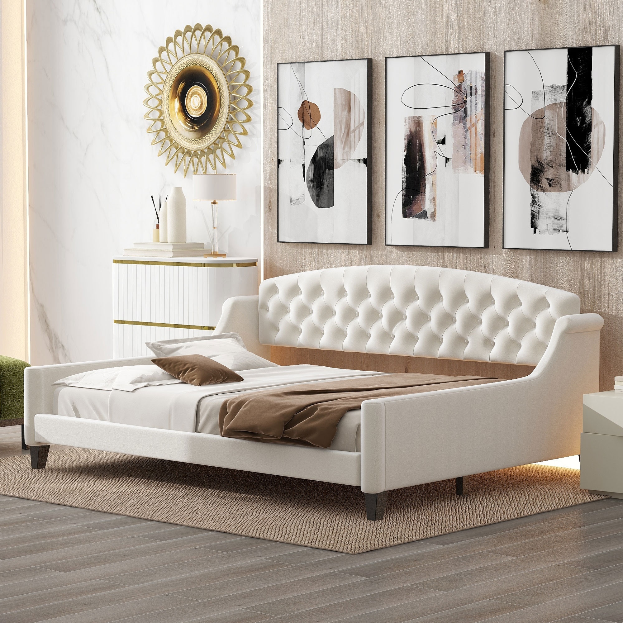 Roomfitters Full Size Upholstered Daybed, Modern Velvet Platform Bed with Curved Tufted Backrest
