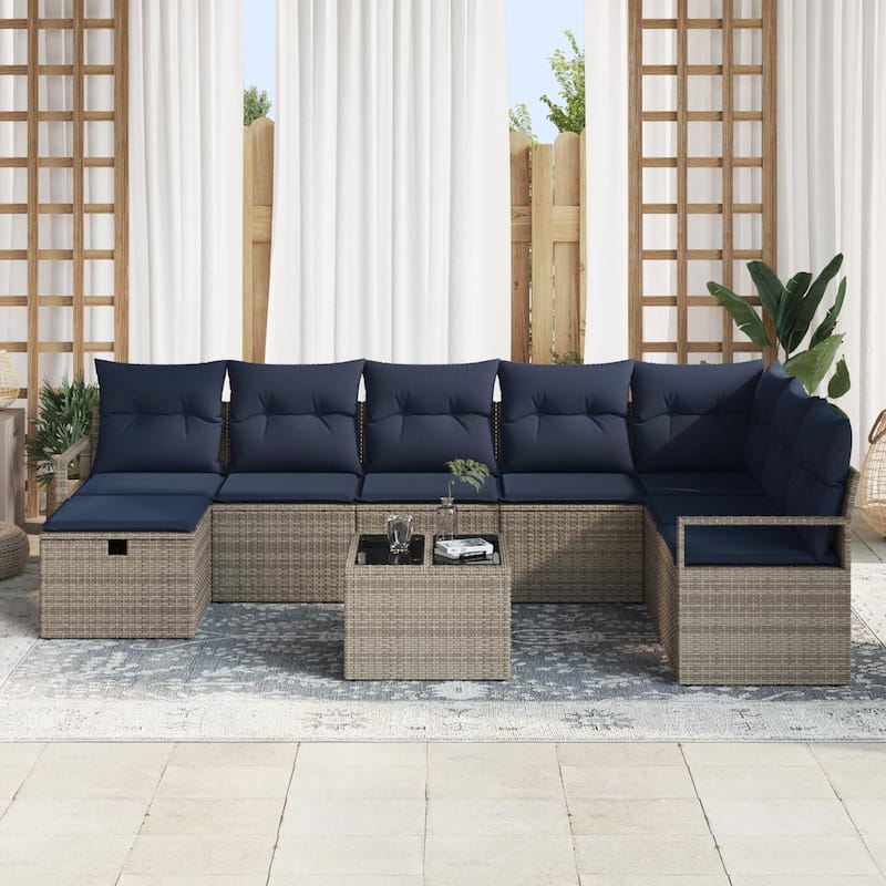 vidaXL 8/9 Garden Sofa Set with Cushions Black/Brown/Grey Poly Rattan - 113 x 69.7 x 27.2