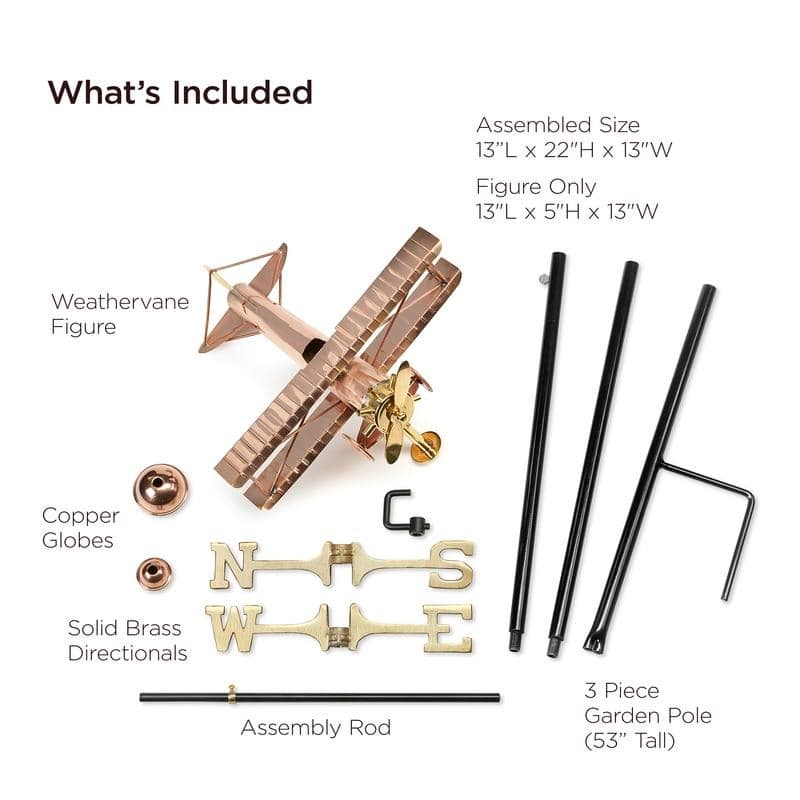Biplane Pure Copper Garden Weathervane with Garden Pole by Good Directions