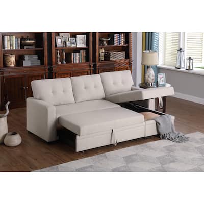 Beige Linen Upholstered Pull out Sectional Sofa with Chaise