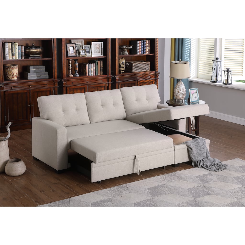 Beige Linen Upholstered Pull out Sectional Sofa with Chaise