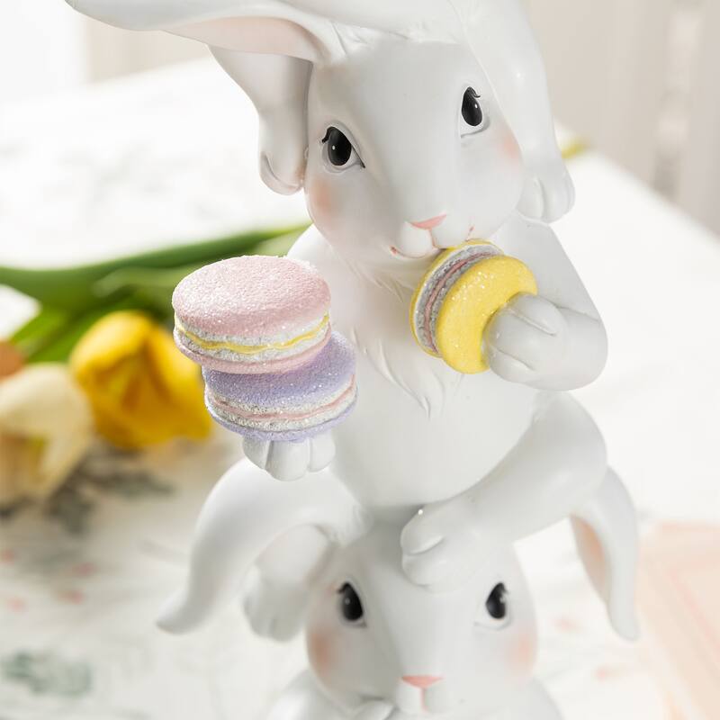 Glitzhome Easter Resin Bunny Holding Macaron Table Decor Stacked Rabbit Figurine