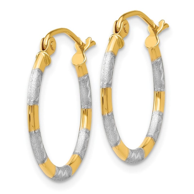 Curata 14k Yellow Gold Satin and Rhodium Sparkle Cut 1.5x19mm Hoop Earrings