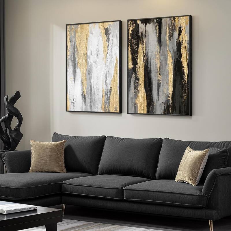 Framed Modern Abstract Wall Art Set, Black White Grey Gold Pictures