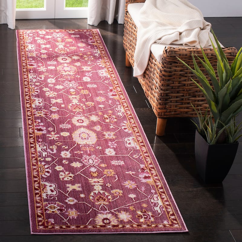 SAFAVIEH Valencia Raushan Distressed Vintage Boho Oriental Polyester Rug - 2'3" x 8' Runner - Fuchsia/Multi