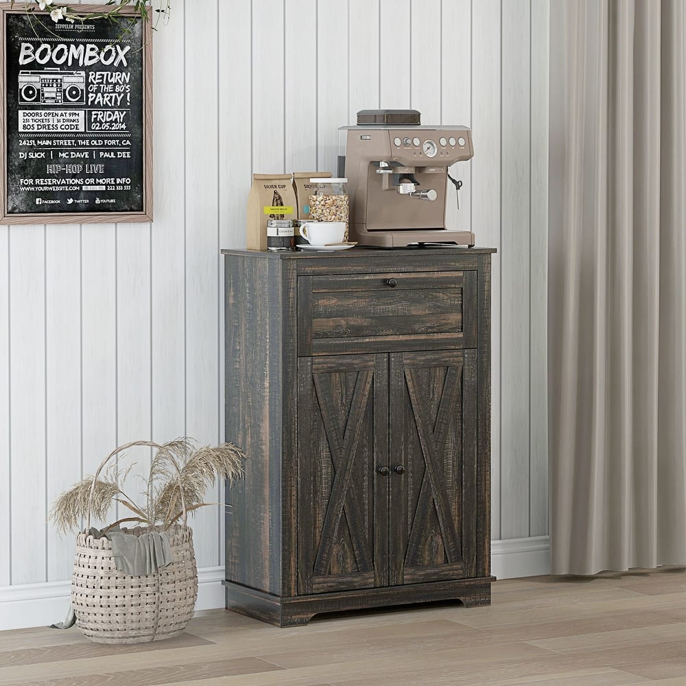 HOMCOM Farmhouse Barn Door Accent Cabinet, Kitchen Sideboard Storage Cabinet with Double Doors, Drawer, and Adjustable Shelf