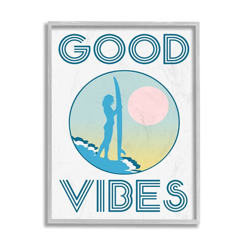 Stupell Good Vibes Text Blue Surfer Chick Sunset Framed Wall Art