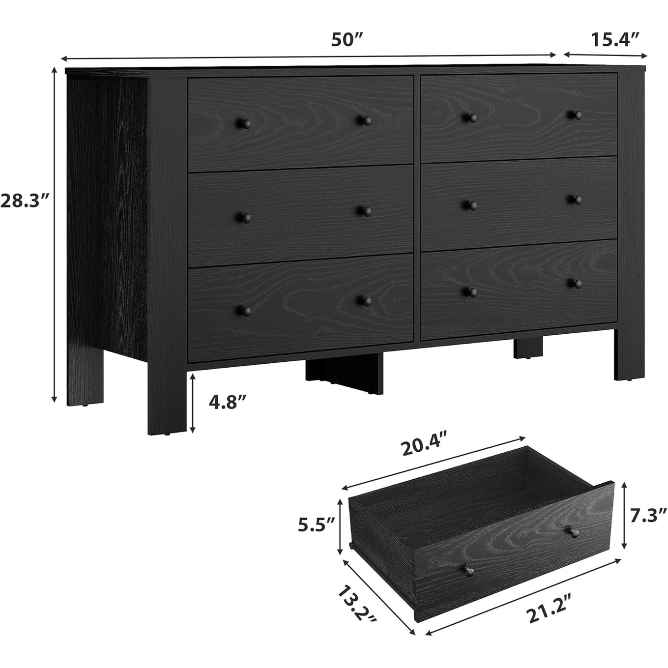 Black 6-Drawer Dresser with Deep Drawers & Metal Knobs
