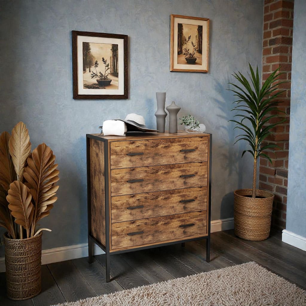 Industrial 4 Drawer Dresser, Rustic Brown Wood Storage Chest with Steel Frame for Bedroom Living Room