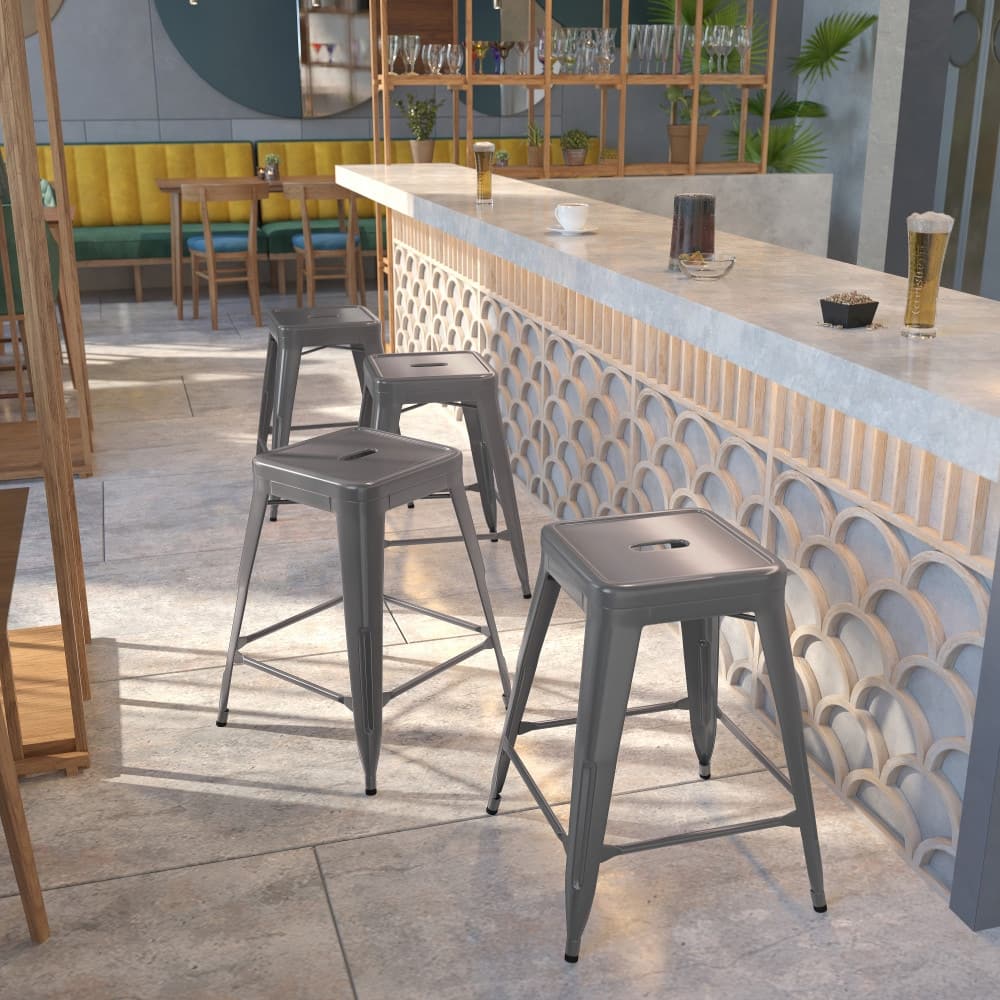 4Pk 24"H Backless Clear Coated Metal Indoor Counter Height Stool w/ Square Seat