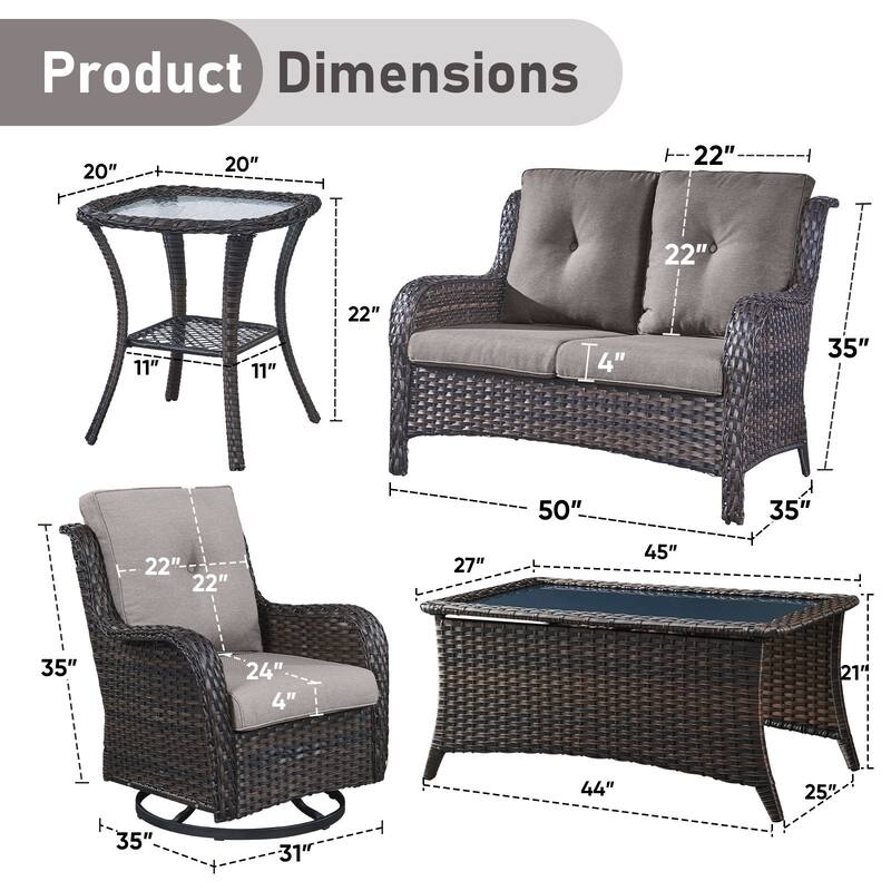 Pocassy 4 Pieces Outdoor 4 Inch Sofa Swivel Chairs Table