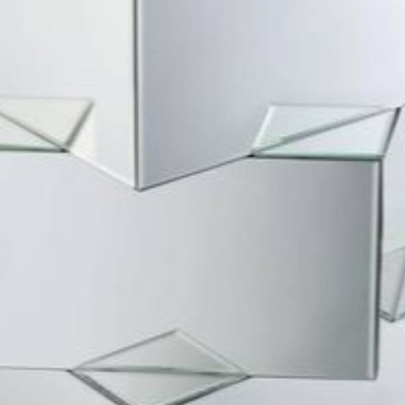 Mirror and Glass End Table with Unique Geometrical Base Design, Silver - 23.62 H x 19.69 W x 19.69 L Inches